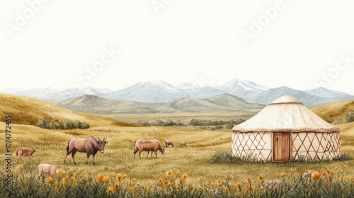 Scenic hillside with yurt and grazing bison amidst wildflowers and mountains