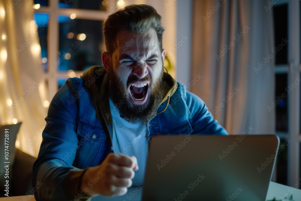 Ecstatic man celebrating a victory while looking at a laptop screen in a room with ambient lighting. Ecstatic man celebrating a victory while looking at a laptop screen in a room with ambient lighting.