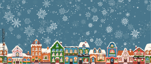 Fairytale winter town houses flat color vector illustration. Building with vibrant facades under snowfalls cartoon composition on blue background