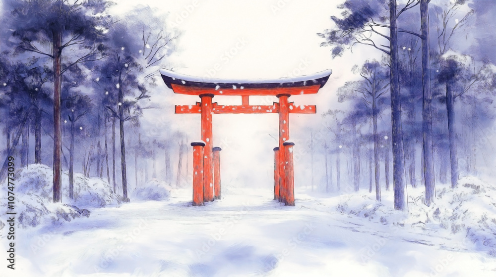 The bright red Torii gate pops against the white snow, with fine pencil strokes The bright red Torii gate pops against the white snow, with fine pencil strokes