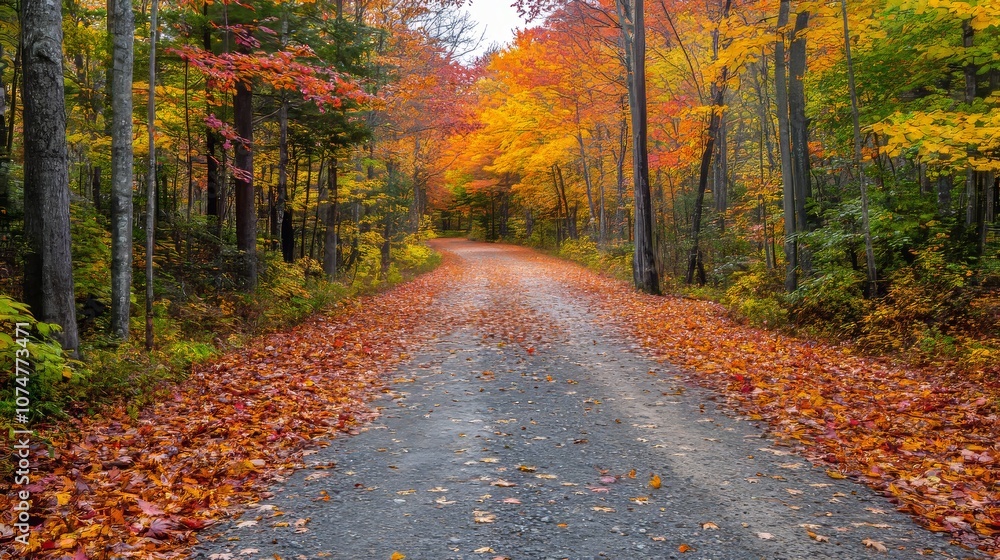 Obraz premium Golden Autumn Pathway Lined with Vibrant Maple Trees.Concept of autumn, seasonal change, tranquility, nature, path, forest, maple trees, nature, hiking, outdoor activities.