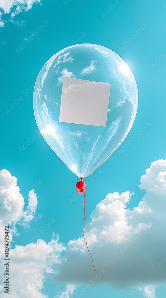 Obraz premium Clear Balloon Ascending in a Bright Blue Sky with White Clouds and a Blank Area for Customization or Branding Opportunities