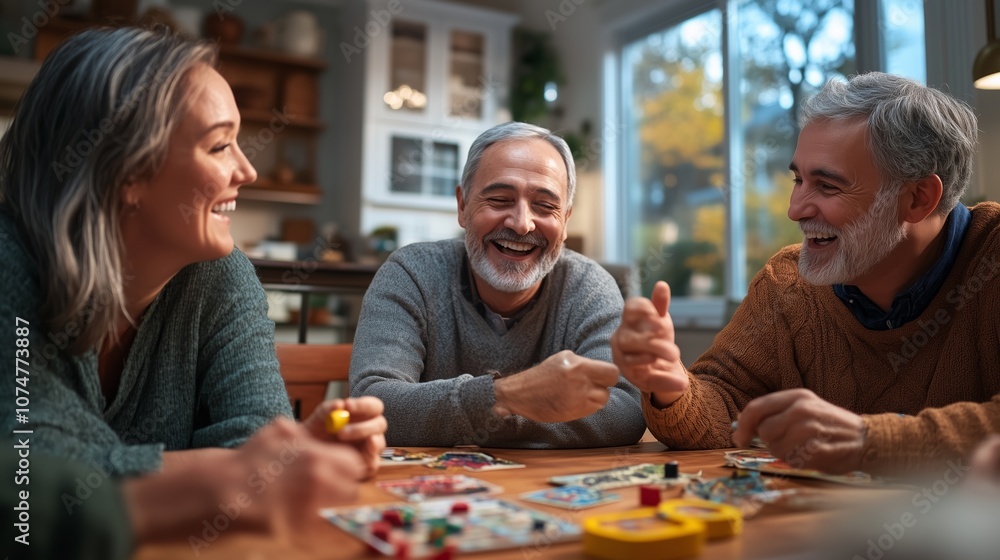 Fototapeta premium A joyful gathering of friends at home, playing board games and sharing laughter on a cozy afternoon