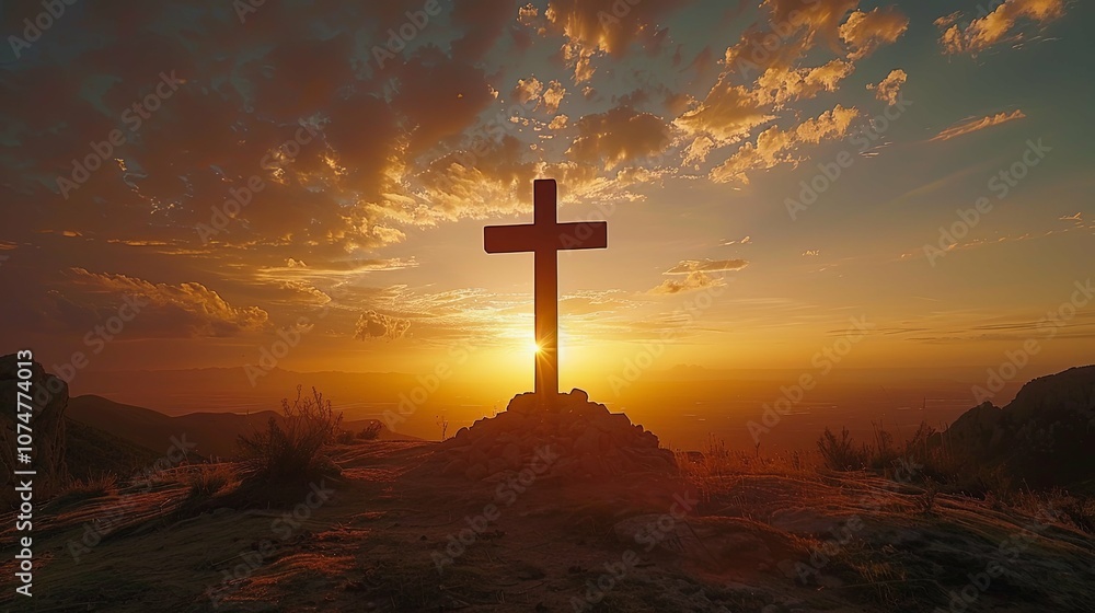 Silhouette of a Cross on a Mountaintop at Sunset Silhouette of a Cross on a Mountaintop at Sunset