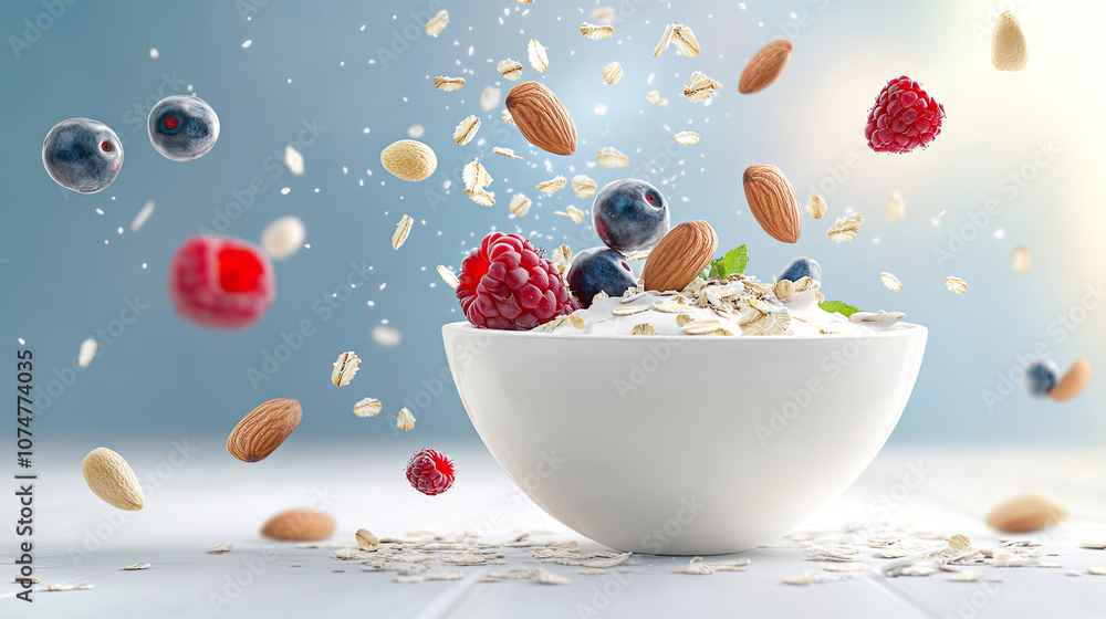 Schwebende Müslizutaten über einer Schale mit Joghurt – Frische Frühstücksidee Schwebende Müslizutaten über einer Schale mit Joghurt – Frische Frühstücksidee