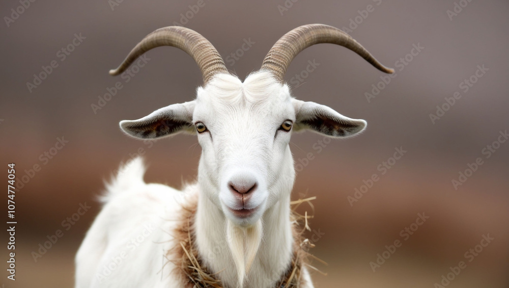 A goat with long horns and a white face is staring at the camera A goat with long horns and a white face is staring at the camera