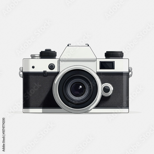 This artwork features a simple flat icon of a vintage camera set against a white background. Ideal for projects related to photography or technology themes. photo