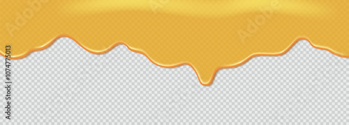 Flowing liquid yellow machine or sunflower oil, maple syrup or sauce. Liquid wave of thick paint on transparent background. 3d realistic vector illustration. Top horizontal border of the frame