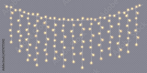 Christmas lights curtain hanging decor realistic vector icon. Illuminating garland at holiday party 3d object illustration on transparent background