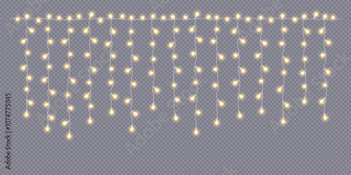 Fairy lights curtain with golden lamps realistic vector icon. Glowing garland decor for holiday 3d object illustration on transparent background