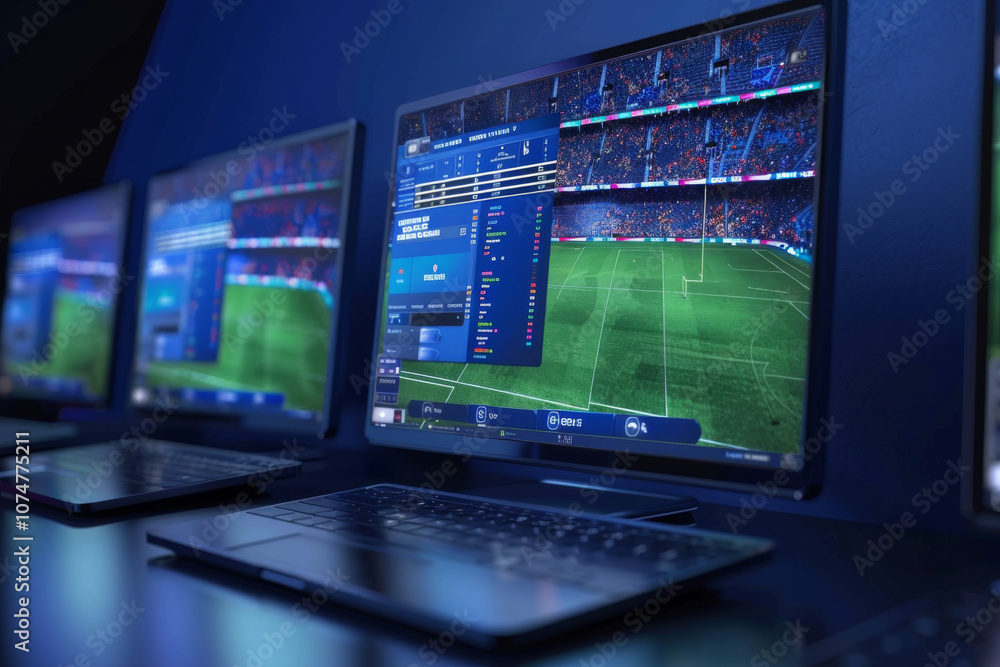 custom made wallpaper toronto digitalComputer setup with multiple screens displaying live football match statistics and betting odds.