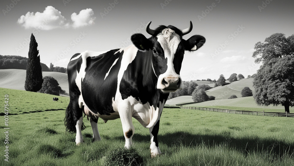 A beautiful black and white cow grazes peacefully in a lush green field surrounded by a serene pastoral landscape. Farming concept A beautiful black and white cow grazes peacefully in a lush green field surrounded by a serene pastoral landscape. Farming concept