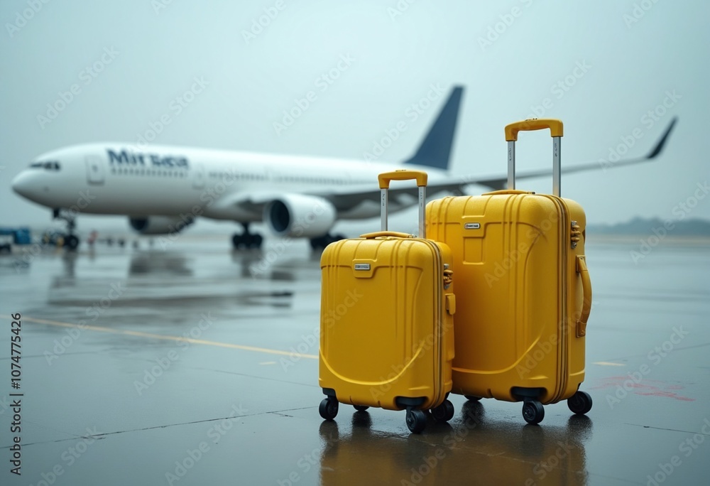 Two yellow suitcases on wet airport tarmac with an airplane in the back Two yellow suitcases on wet airport tarmac with an airplane in the back