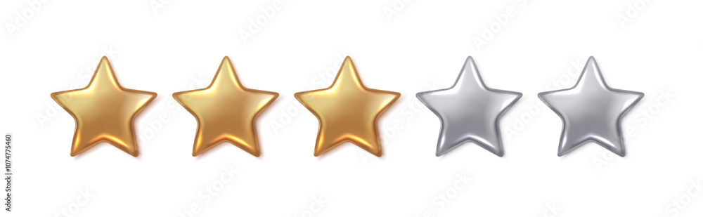 Obraz premium Golden and silver stars of customer rating realistic vector illustration. Visual representation of quality 3d objects on white background