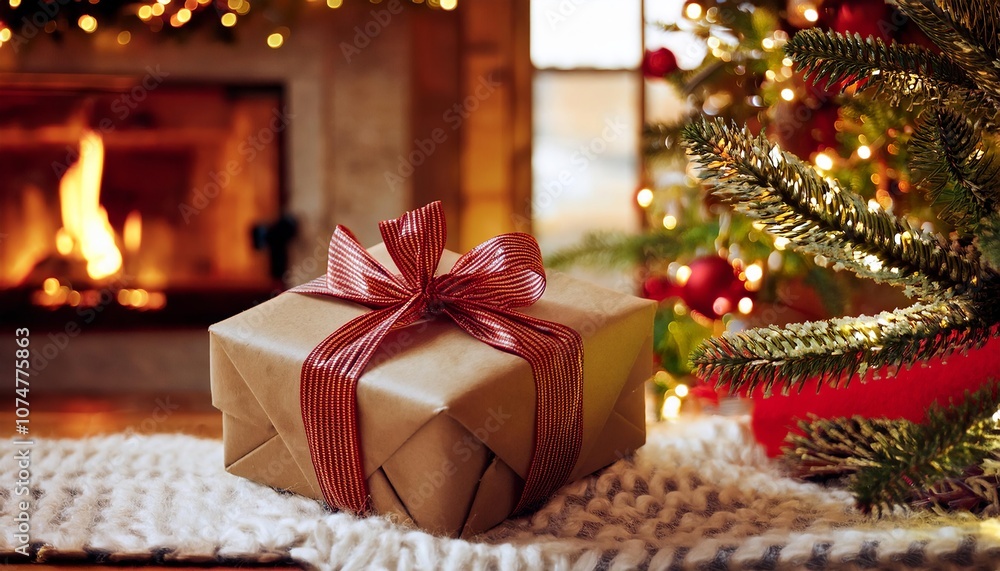 A beautifully wrapped Christmas gift sits beneath a decorated pine tree, adorned with twinkling lights, creating a festive and magical holiday atmosphere. A beautifully wrapped Christmas gift sits beneath a decorated pine tree, adorned with twinkling lights, creating a festive and magical holiday atmosphere.