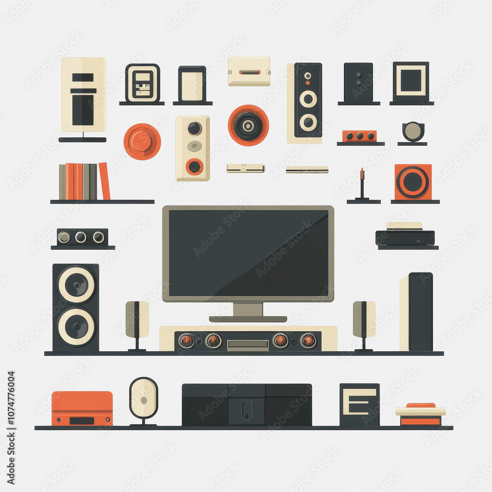 A vibrant arrangement of modern home theater elements including a television, speakers, and decorative items displayed on white shelves, showcasing contemporary design. A vibrant arrangement of modern home theater elements including a television, speakers, and decorative items displayed on white shelves, showcasing contemporary design.
