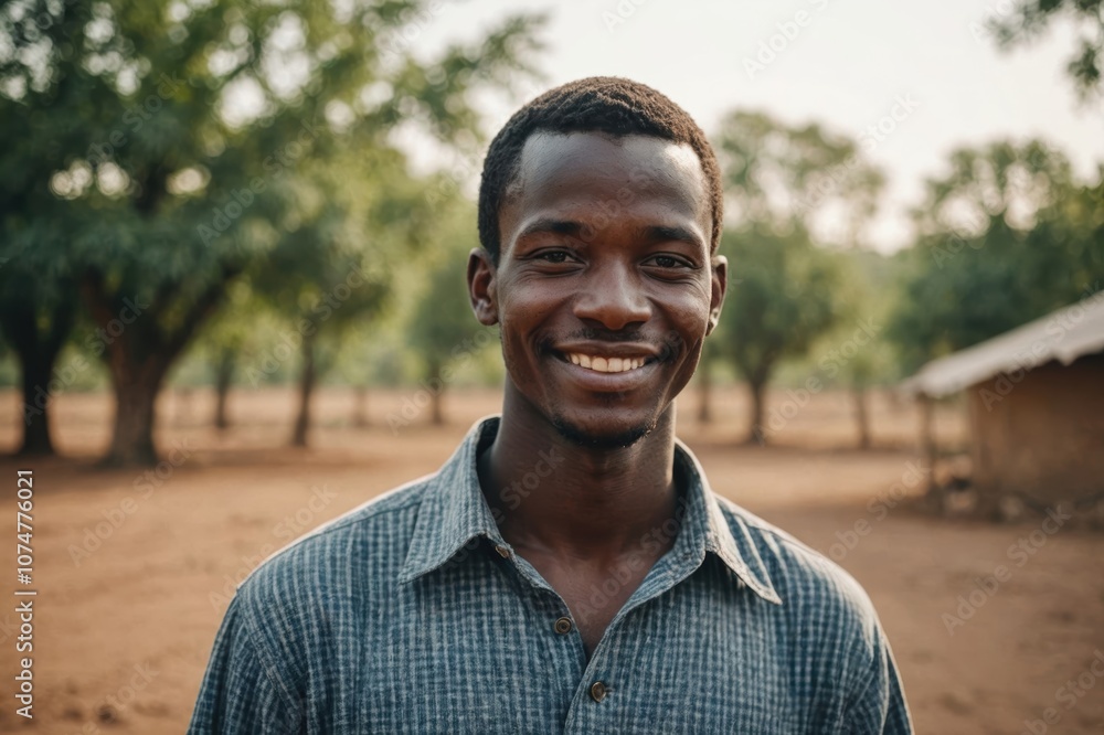 Close portrait of a smiling young Chadian male farmer standing and looking at the camera, outdoors Chadian rural blurred background Close portrait of a smiling young Chadian male farmer standing and looking at the camera, outdoors Chadian rural blurred background