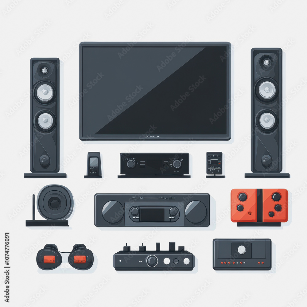 Modern Home Theater System Elements on White Background Modern Home Theater System Elements on White Background