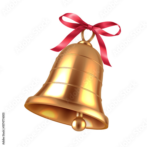 Golden bell with red ribbon bow realistic vector illustration. Festive cheer and Christmas holiday spirit 3d object on white background