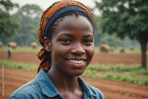 Close portrait of a smiling young Central African female farmer standing and looking at the camera, outdoors Central African rural blurred background photo