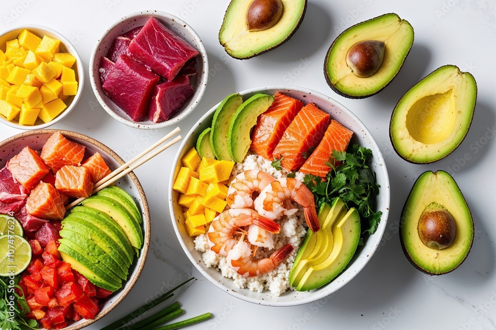 Vibrant Hawaiian Poke Bowl with Fresh Tuna Salmon Shrimp Avocado and Mango on Clean White Background Vibrant Hawaiian Poke Bowl with Fresh Tuna Salmon Shrimp Avocado and Mango on Clean White Background
