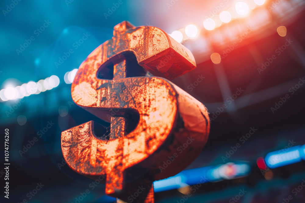 A fiery dollar sign floating in a sports stadium with dynamic lighting and a vibrant atmosphere. A fiery dollar sign floating in a sports stadium with dynamic lighting and a vibrant atmosphere.
