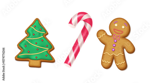 Christmas gingerbread man candy cane and fir tree realistic color icons set. New Year sweets adding touch of festive cheer 3d objects on white