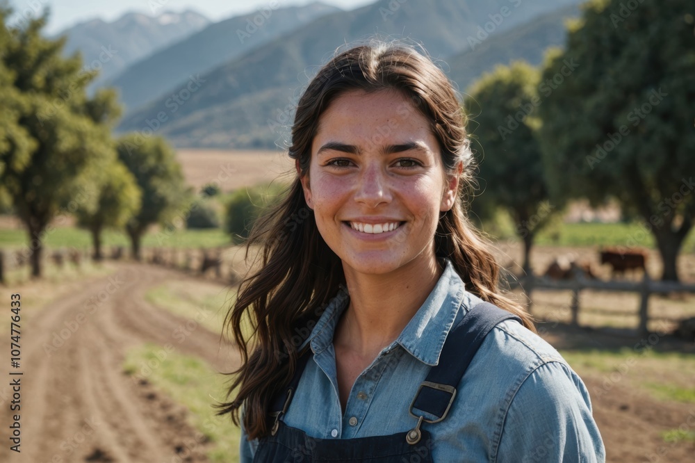 Close portrait of a smiling young Chilean female farmer standing and looking at the camera, outdoors Chilean rural blurred background Close portrait of a smiling young Chilean female farmer standing and looking at the camera, outdoors Chilean rural blurred background