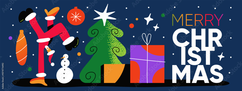 Naklejka premium Merry Christmas and Happy New Year Set elements! 2025. Modern Vector Geometric abstract illustration of Santa Claus, Christmas tree, fir tree toys and balls, snowman, gift for greeting card, poster.