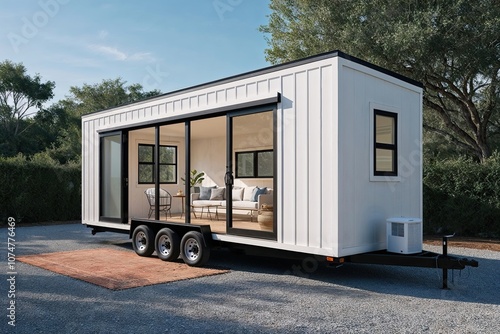 Chic Tiny House on Wheels: A Minimalist Mobile Home with Expansive Windows and Cozy Outdoor Living Space