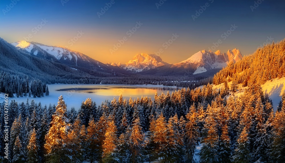 Obraz premium A breathtaking view of a snow-covered mountain range, bathed in the light of a bright, clear sky, showcasing nature's majestic beauty and tranquility.