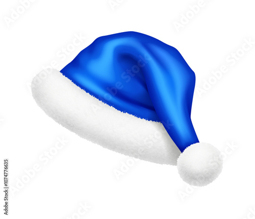 Santa Claus hat with fluffy fur and silk realistic vector illustration. Christmas holiday party clothing accessory 3d model on white background