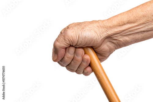 Wrinkled hand of an old man holding a walking cane Isolated