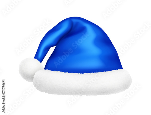 Vivid blue Santa hat with soft pompom realistic vector illustration. Christmas eve party decorative accessory 3d model on white background photo