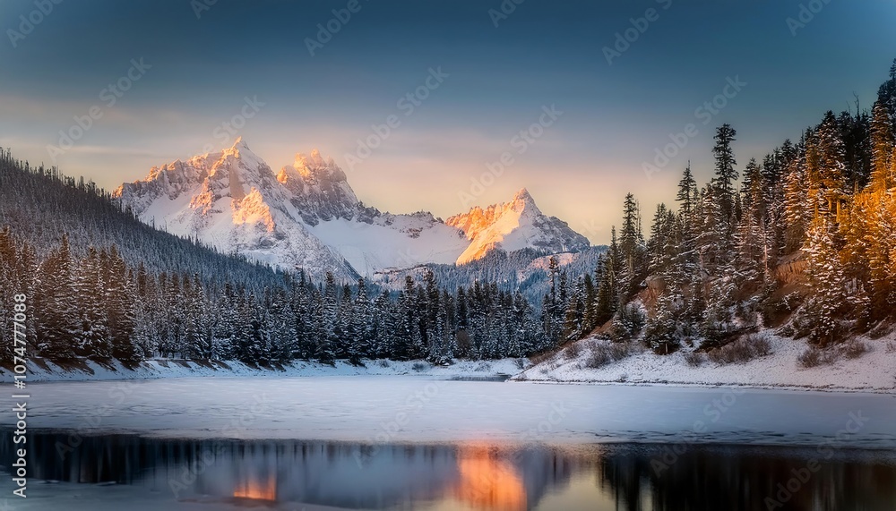 Obraz premium A breathtaking view of a snow-covered mountain range, bathed in the light of a bright, clear sky, showcasing nature's majestic beauty and tranquility.