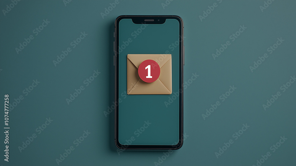 Notification of a new email alert displayed on a smartphone against a solid color background in a minimalistic setting Notification of a new email alert displayed on a smartphone against a solid color background in a minimalistic setting