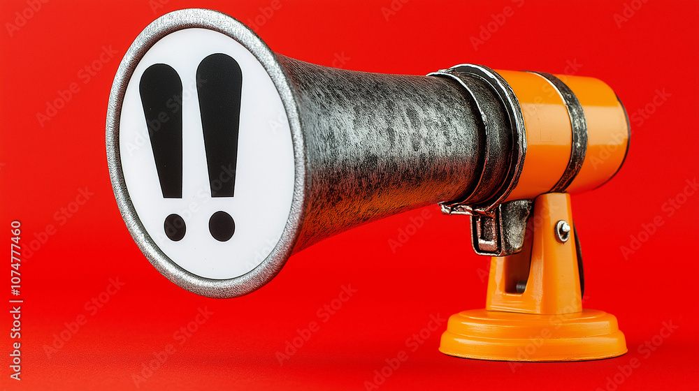 Fototapeta premium A megaphone with caution symbols against a bright red background, emphasizing alertness and urgency in communication