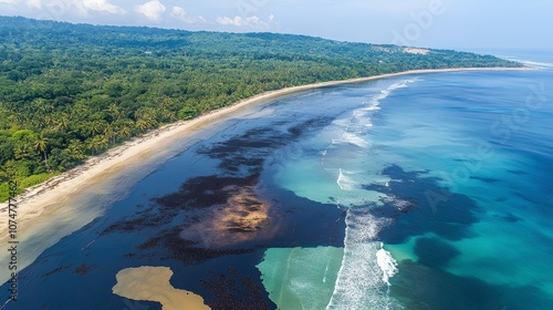 Marred by Oil: A Haunting Aerial View of a Polluted Coastline.Concept of environmental pollution, oil spill, marine ecosystem damage, climate change impact, industrial impact, ecological crisis.