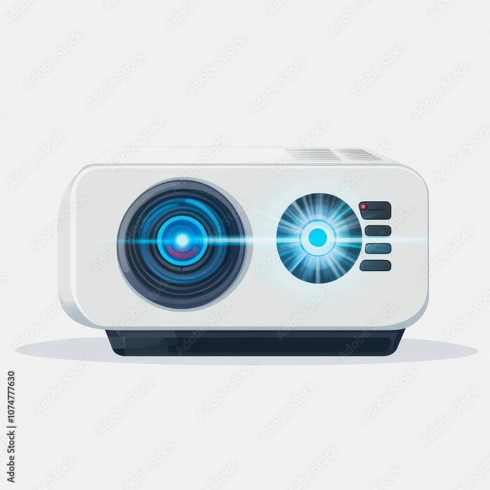 This flat icon depicts a simple projector on a white background, perfect for illustrating concepts related to technology, education, and presentations. This flat icon depicts a simple projector on a white background, perfect for illustrating concepts related to technology, education, and presentations.