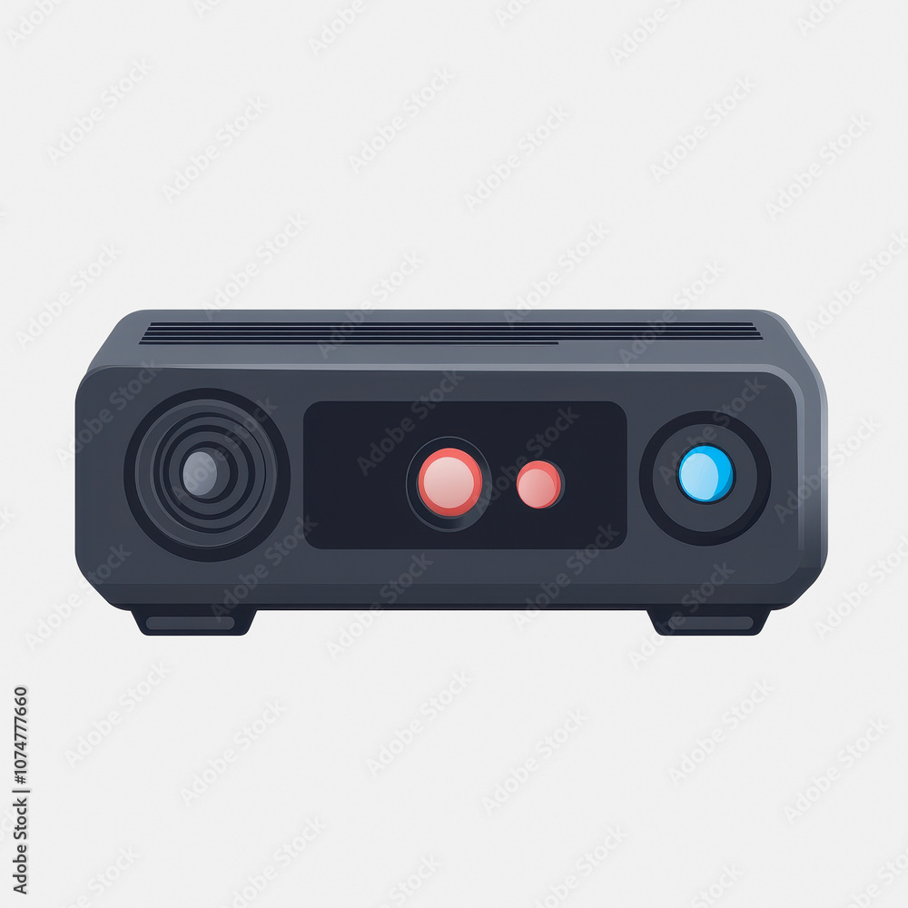 A simple and modern flat icon of a projector on a white background, perfect for use in presentations, educational materials, or digital media. A simple and modern flat icon of a projector on a white background, perfect for use in presentations, educational materials, or digital media.