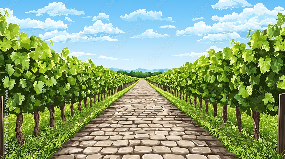 Obraz premium Scenic Vineyard Pathway with Lush Green Grapevines under Clear Blue Skies and Fluffy Clouds, Perfect for Wine Country Themes and Nature Illustrations