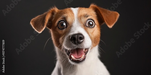 A Jack Russell with eyes wide open, its lips pulled back into an exaggerated scream of shock, as if it just heard the most surprising news ever. photo