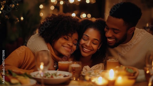 Friends enjoy a joyful evening at a candlelit dinner party filled with laughter and delicious food during the festive season