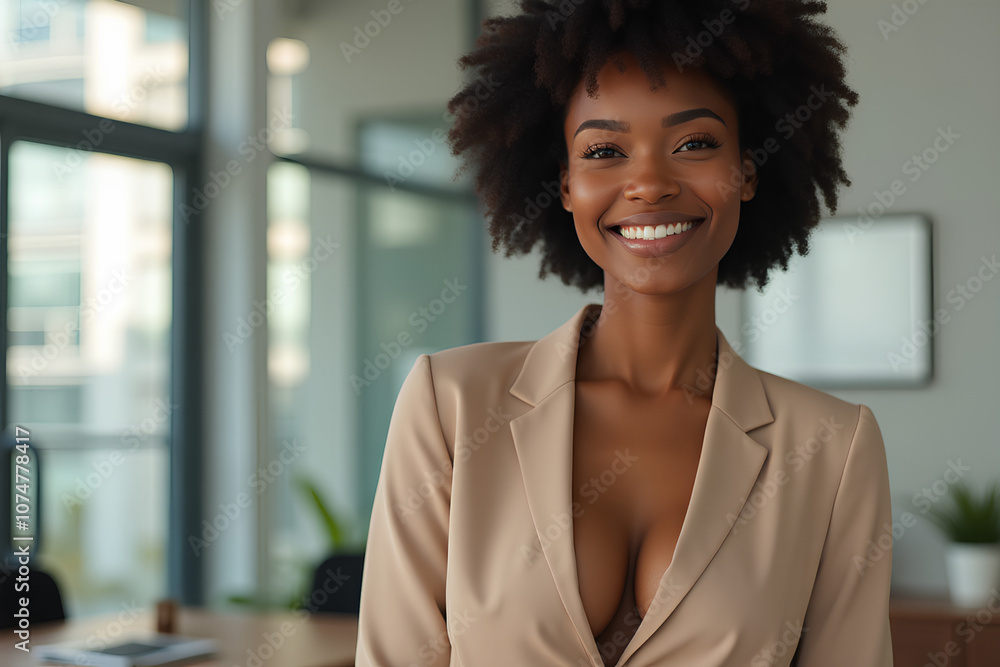 Smiling young black businesswoman in a suit posing in the office Smiling young black businesswoman in a suit posing in the office
