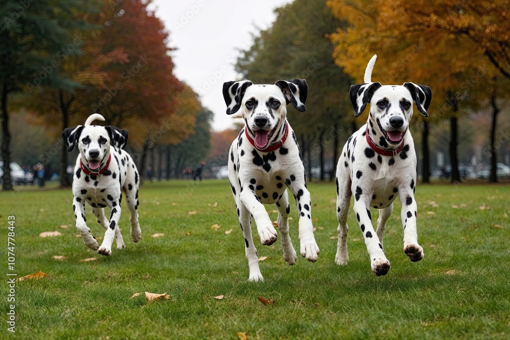 Adorable Dalmatians Playing and Running in Autumn Park on Green Grass Adorable Dalmatians Playing and Running in Autumn Park on Green Grass
