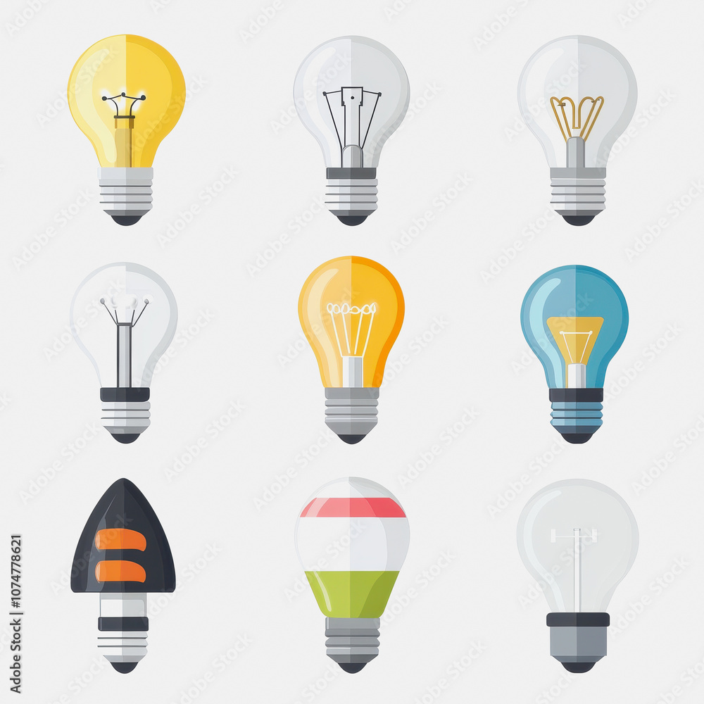 This image showcases a collection of light bulb designs on a clean white background, featuring various styles and colors. Perfect for illustrating modern lighting concepts. This image showcases a collection of light bulb designs on a clean white background, featuring various styles and colors. Perfect for illustrating modern lighting concepts.