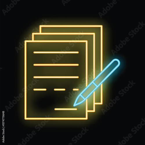 Blue and yellow neon icon of a pen signing important documents