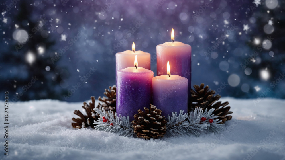 Purple candles with pinecones and snow-covered branches in peaceful winter forest setting for seasonal decor ideas Purple candles with pinecones and snow-covered branches in peaceful winter forest setting for seasonal decor ideas