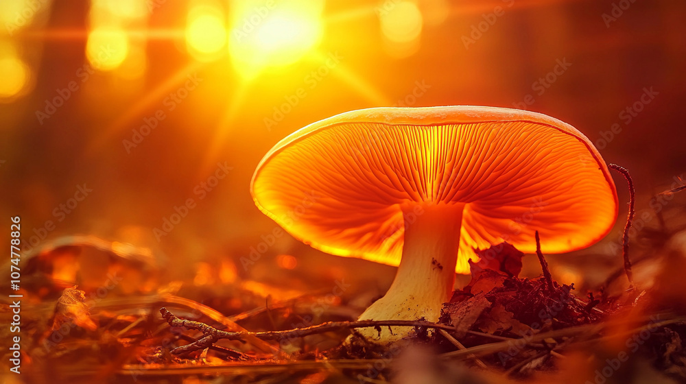 Glowing mushroom under sunset in a forest setting Glowing mushroom under sunset in a forest setting
