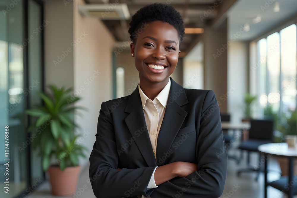 Smiling young black businesswoman in a suit posing in the office Smiling young black businesswoman in a suit posing in the office